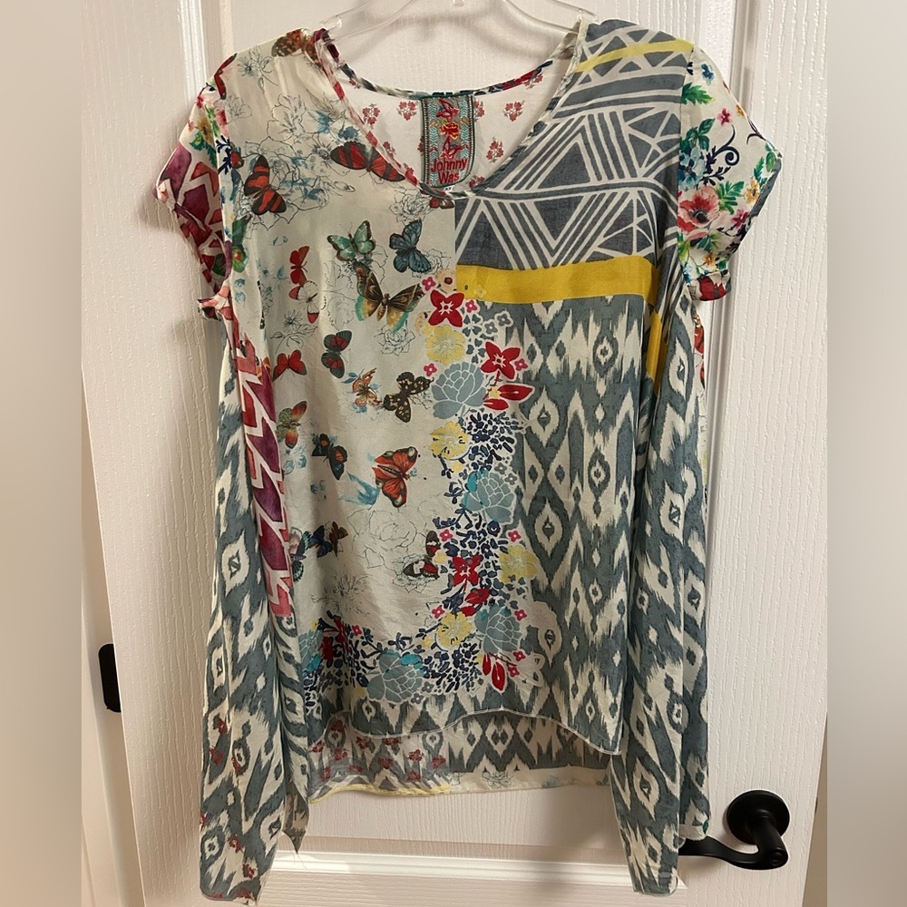 Johnny Was Cream Multi-Print Short Sleeve Tunic with Butterfly & Ikat Panels